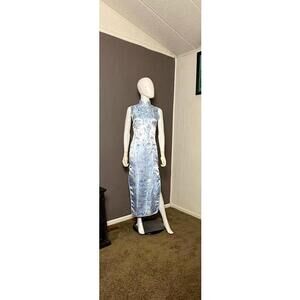 Vintage Light Blue Silk Cheongsam Dress size Small Long Satin Asian Dress